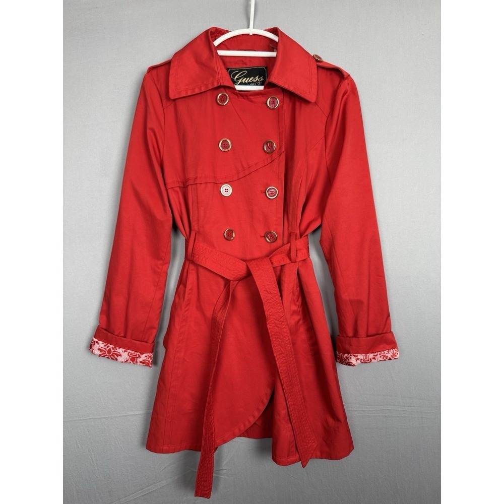 Guess Red Double Breasted Trench Coat Womens XL Belted Floral‎ Lining Jacket Y2K
